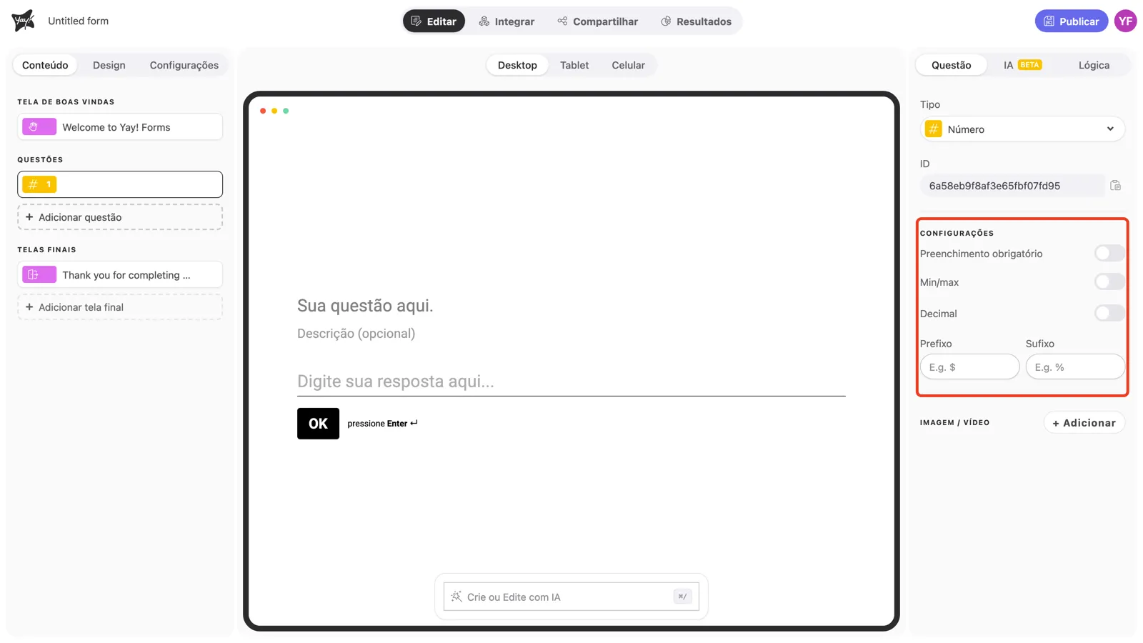 A seção Configurações do painel da pergunta em destaque