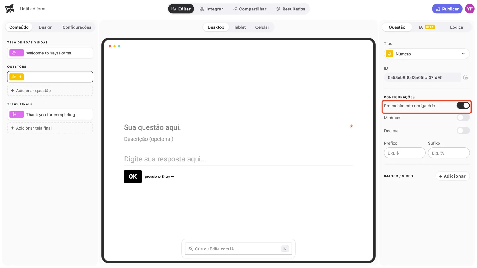 O toggle Preenchimento obrigatório ativado nas configurações da pergunta