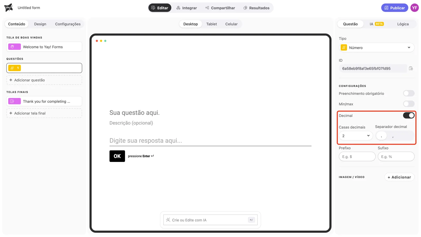 O toggle Decimal ativado, com Casas decimais e Separador decimal abaixo