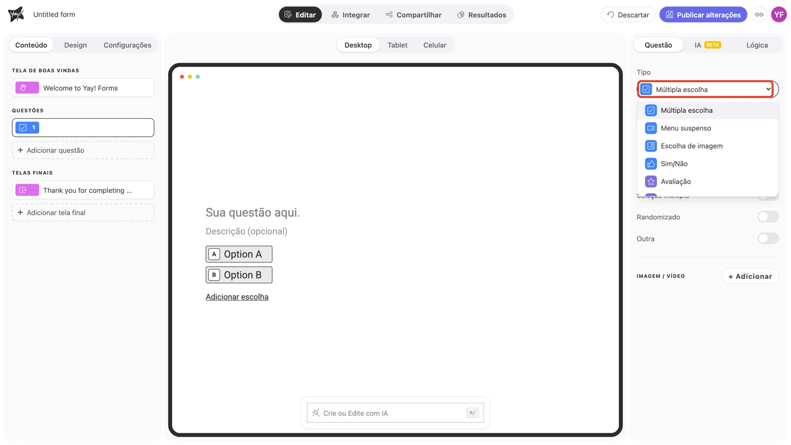 O dropdown Tipo aberto no painel da pergunta