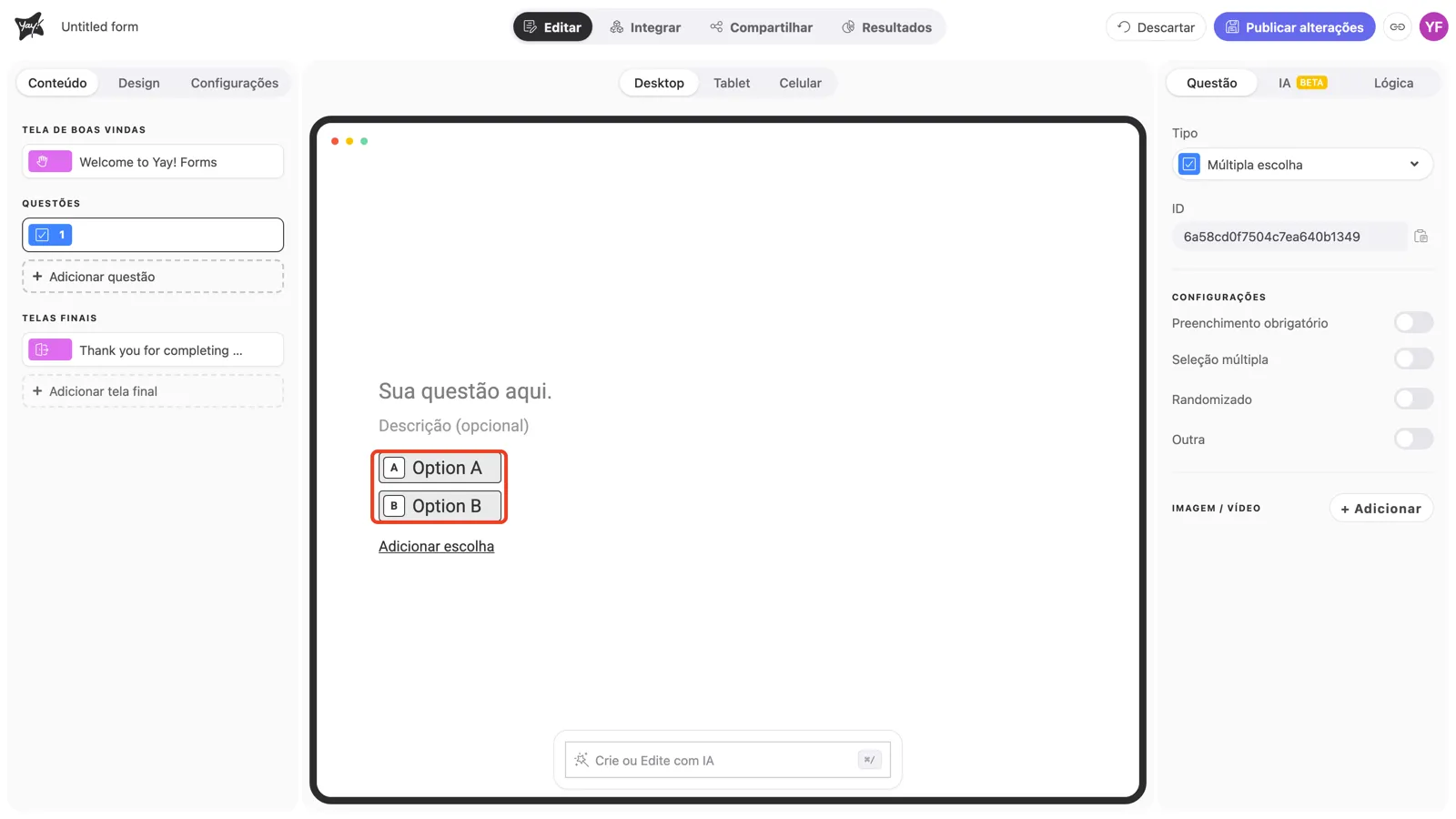 As opções de resposta em destaque no canvas