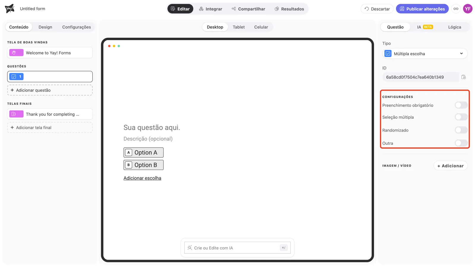 A seção Configurações do painel da pergunta em destaque