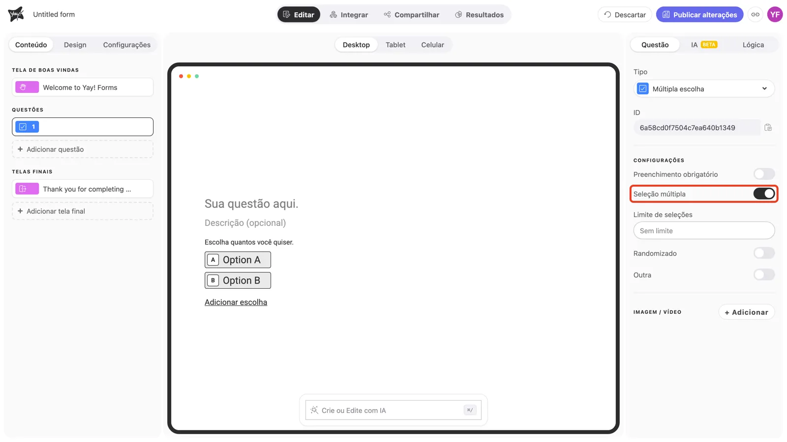 O toggle Seleção múltipla ativado, com o campo Limite de seleções abaixo