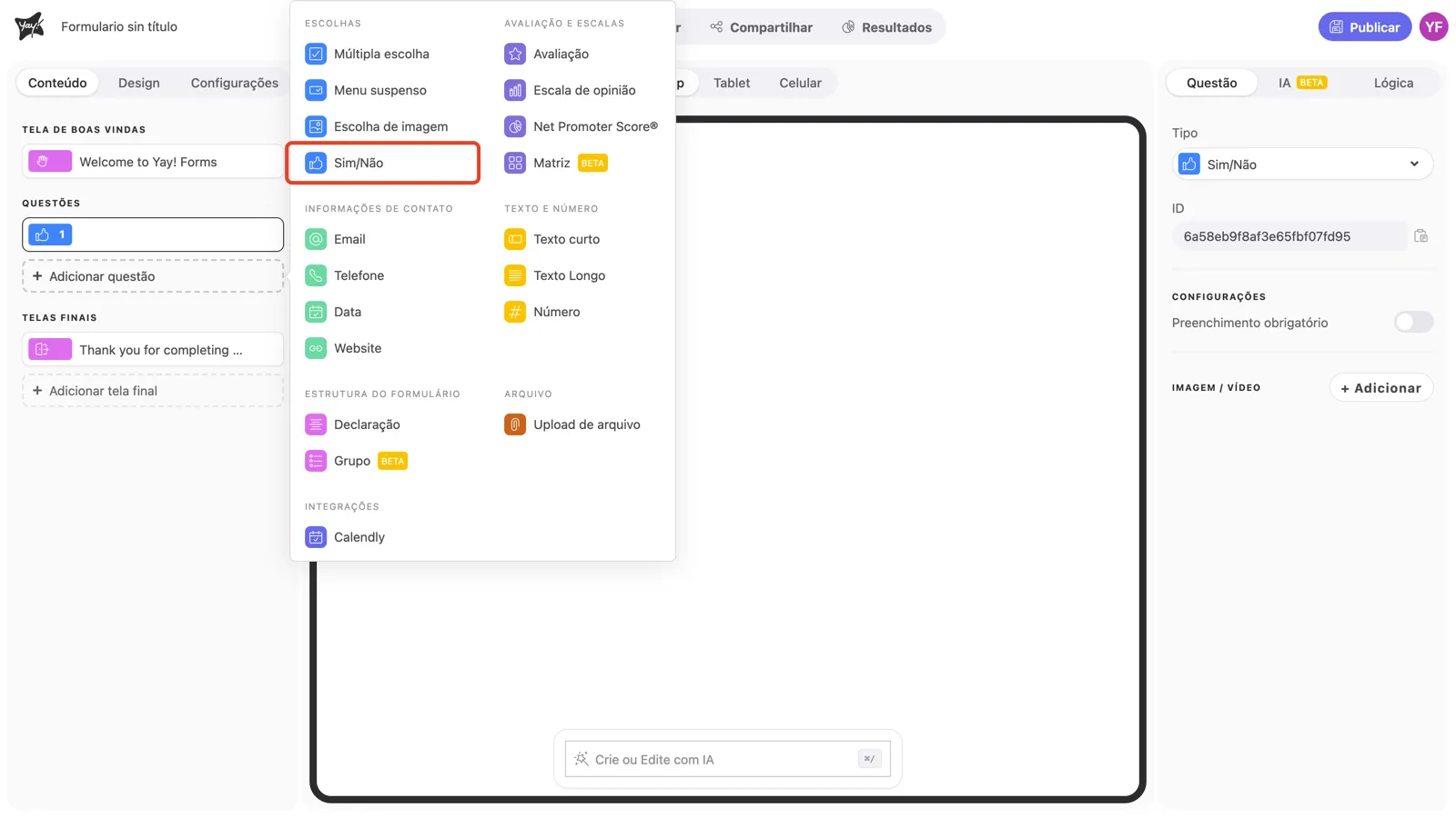 O menu de tipos de pergunta com Sim/Não em destaque