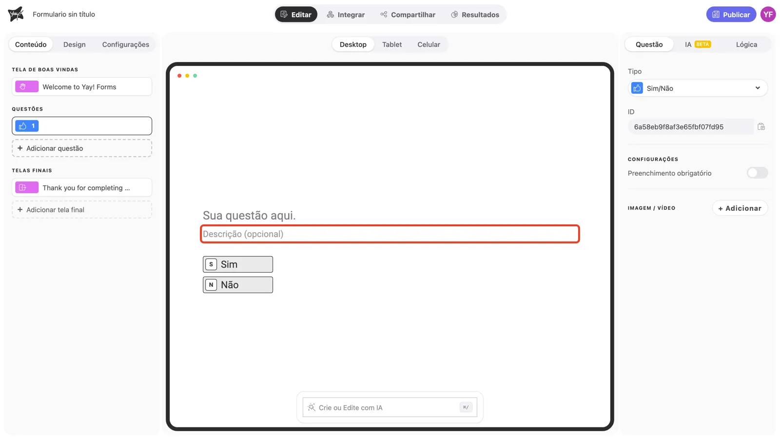 O campo opcional de descrição em destaque no canvas