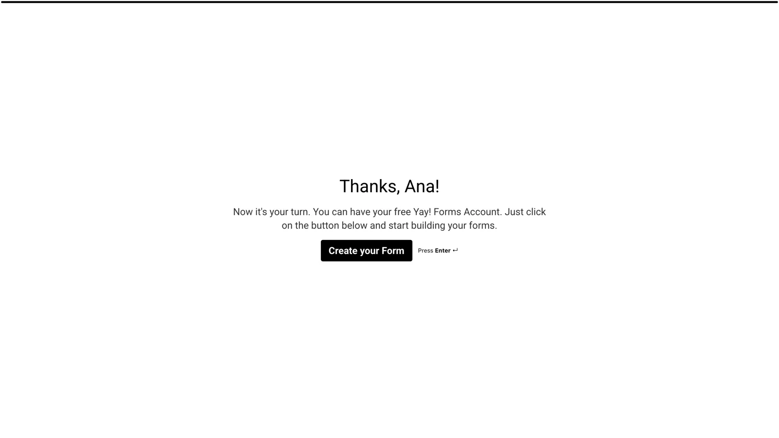 The published form's ending screen showing "Thanks, Ana!"