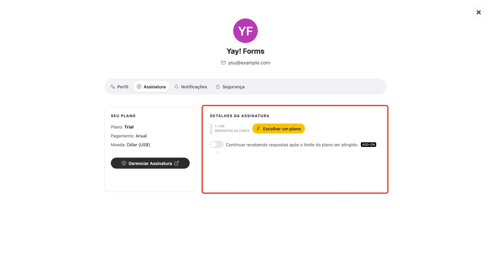 O add-on de respostas adicionais no card Detalhes da assinatura