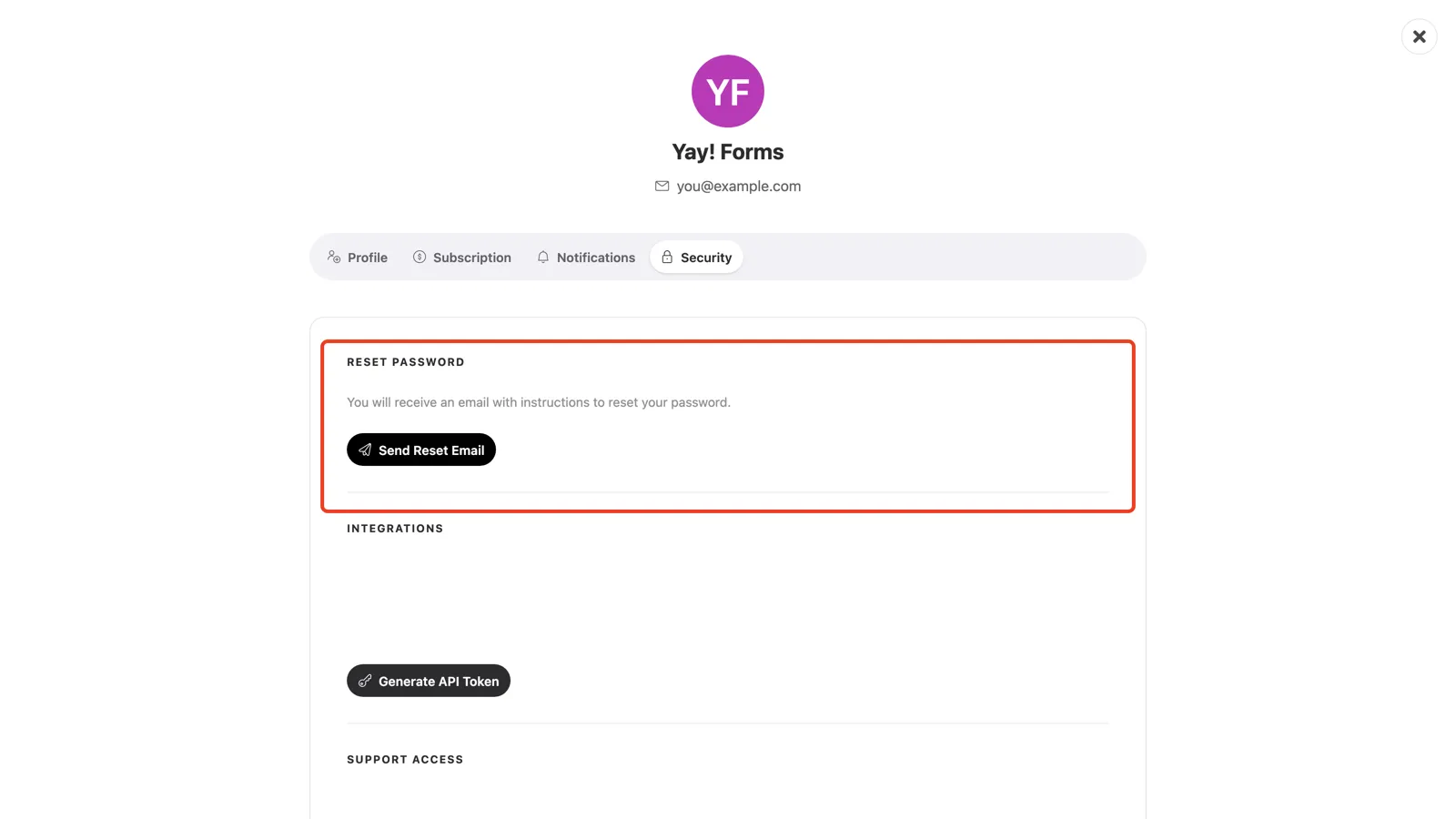 The Reset Password section on the Security tab