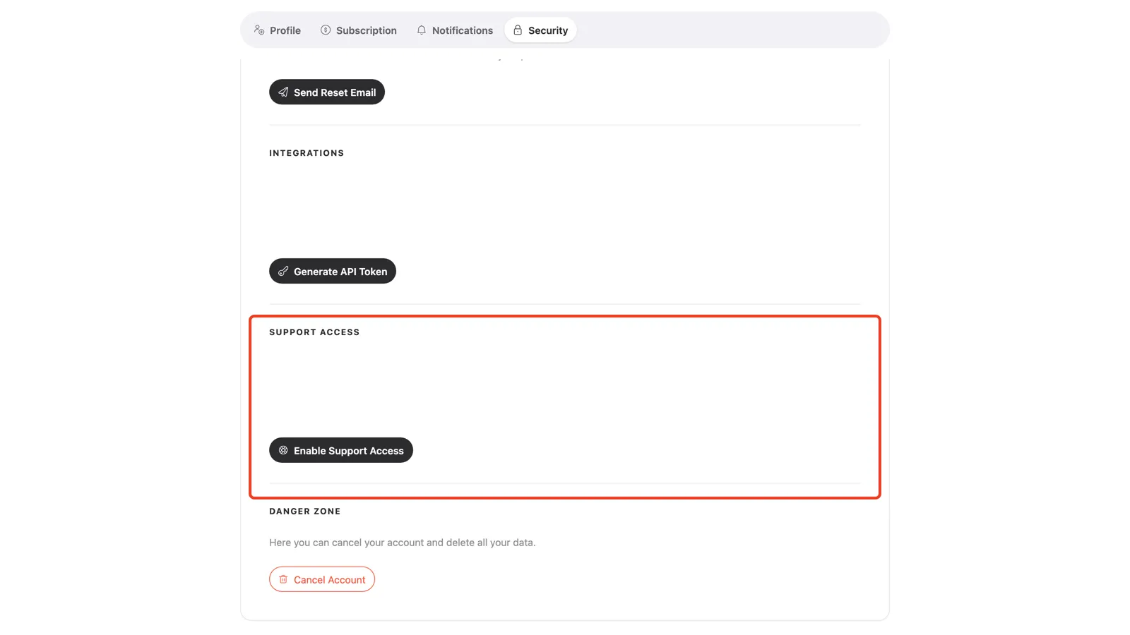The Support Access section on the Security tab