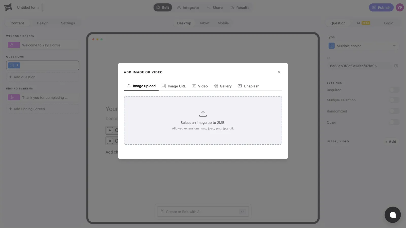 The media panel open on the Image upload tab