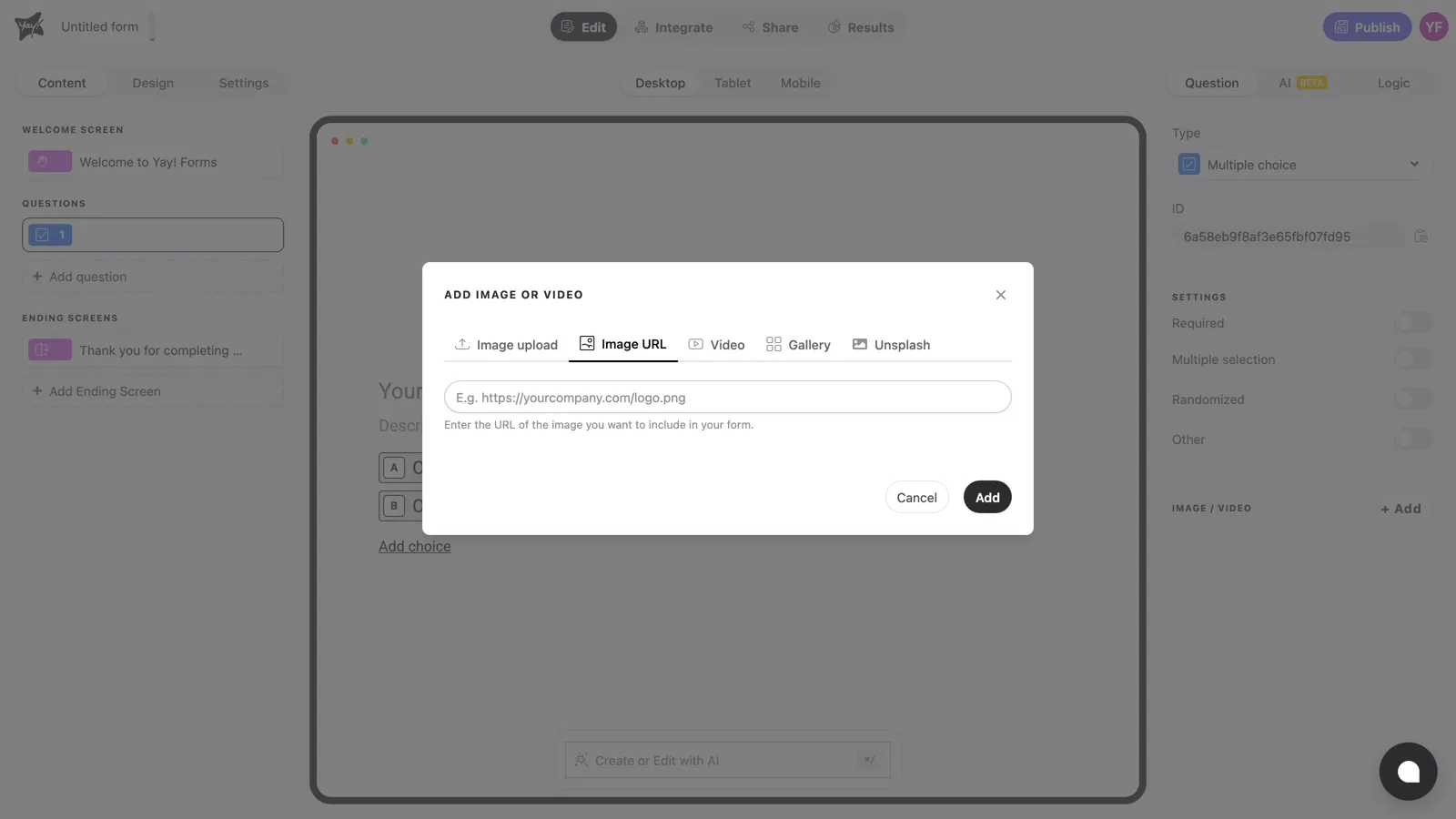 The Image URL tab in the media panel