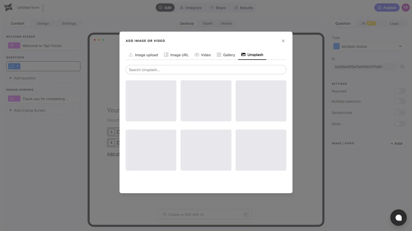 The Unsplash tab in the media panel