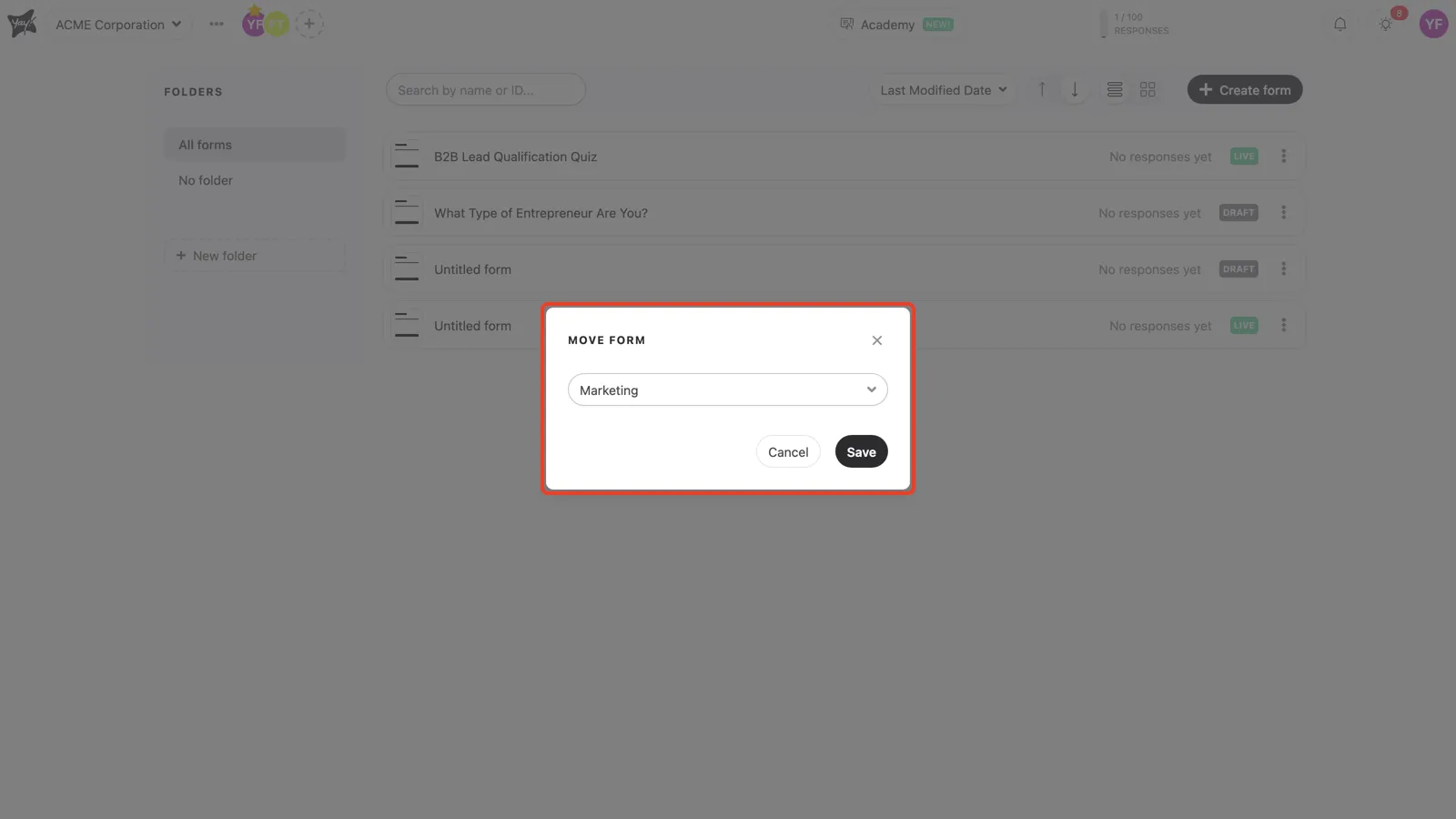 Selecting a destination workspace in the Move form window