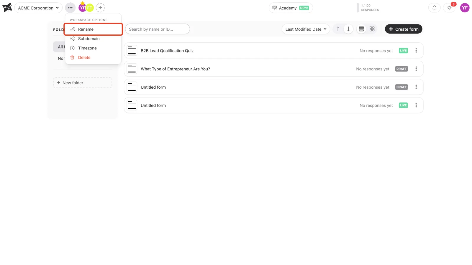 The Rename option in the workspace options menu