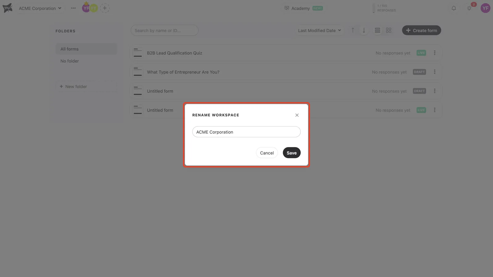 Typing a new workspace name in the Rename workspace window