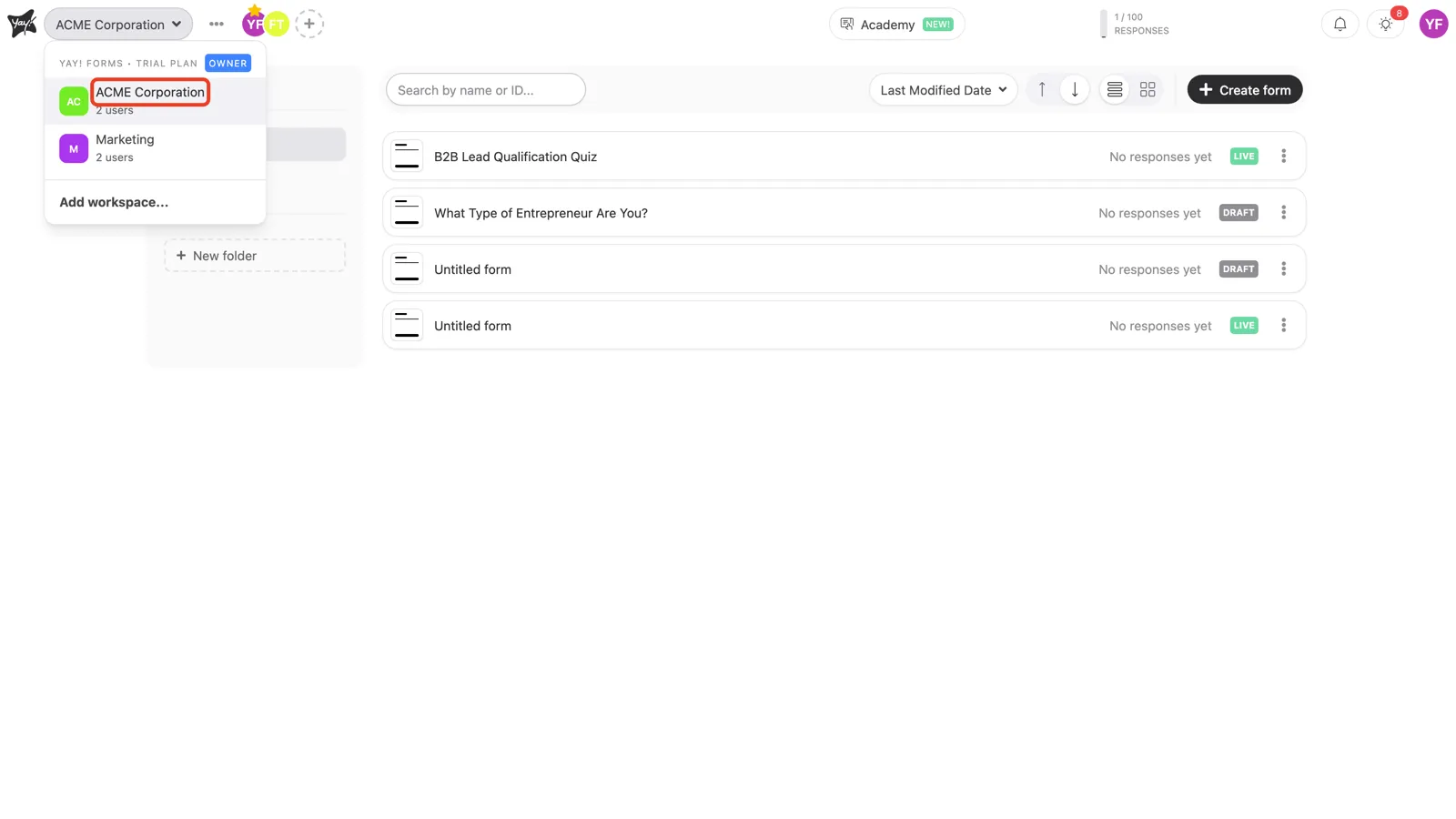 The workspace switcher with a workspace selected