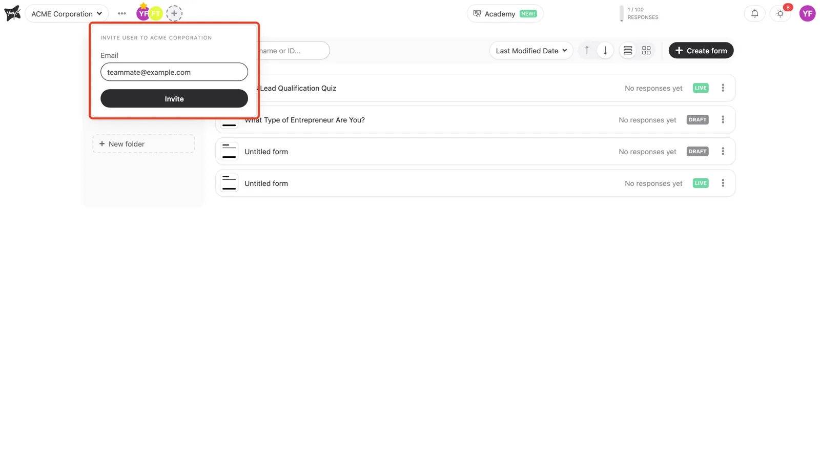Entering an email address in the invite panel