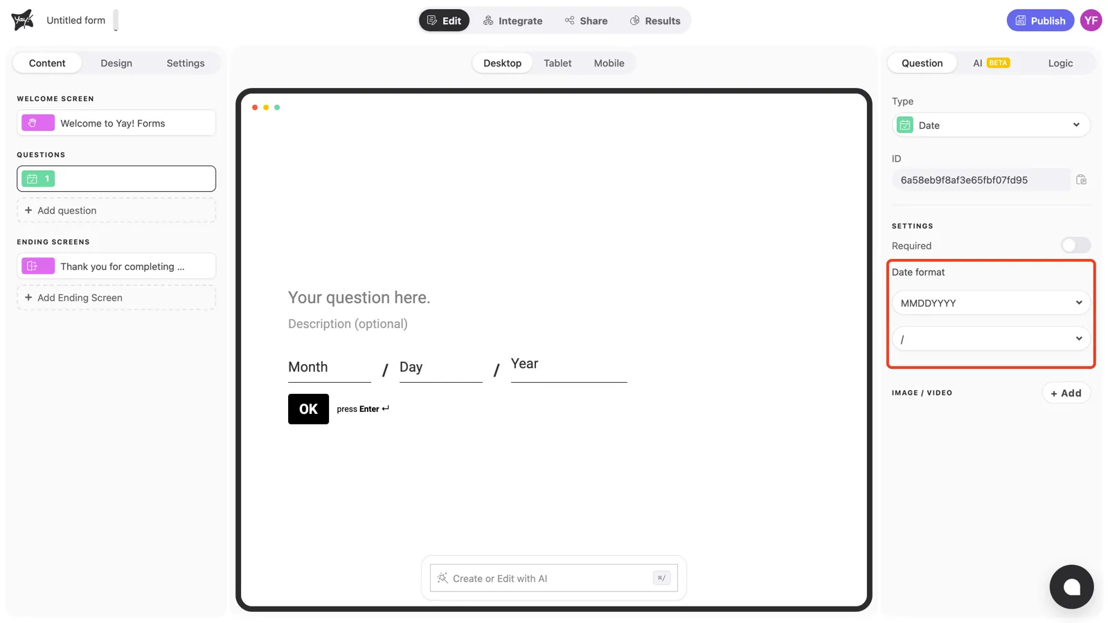 The Date format dropdowns highlighted in the question settings