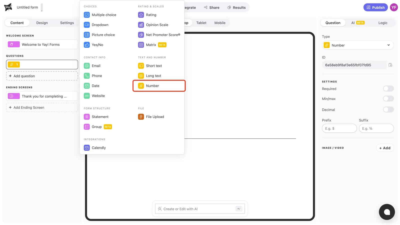The question type menu with Number highlighted