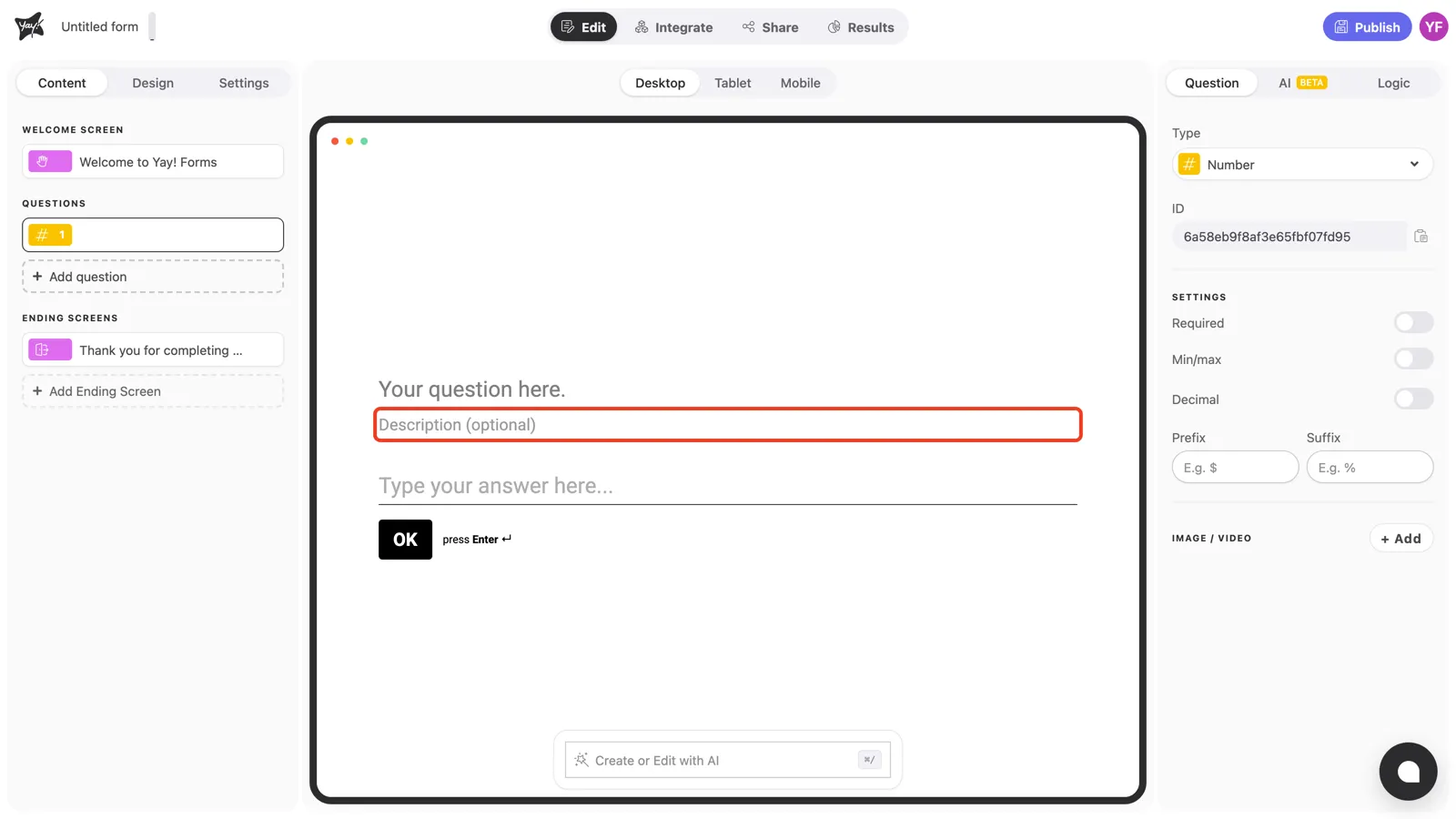 The optional description field highlighted in the canvas