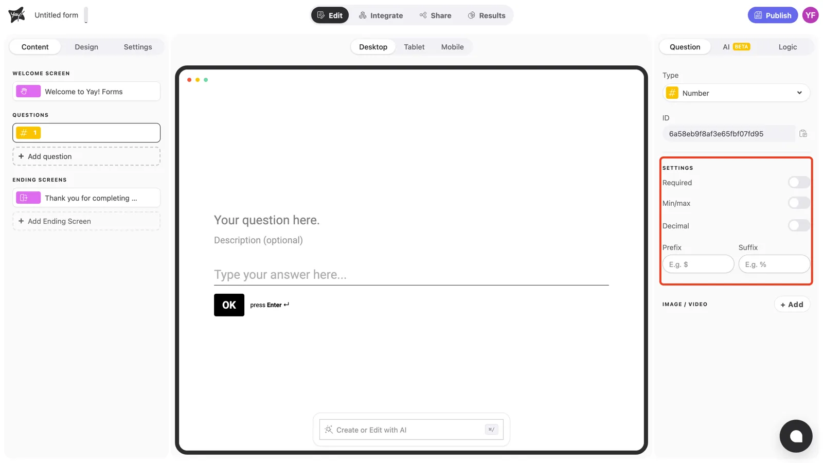 The Settings section of the question panel highlighted