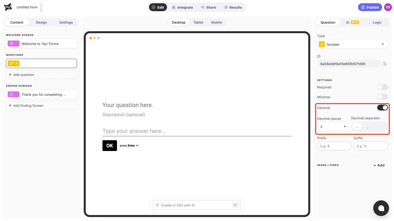 The Decimal toggle on, with Decimal places and Decimal separator below it