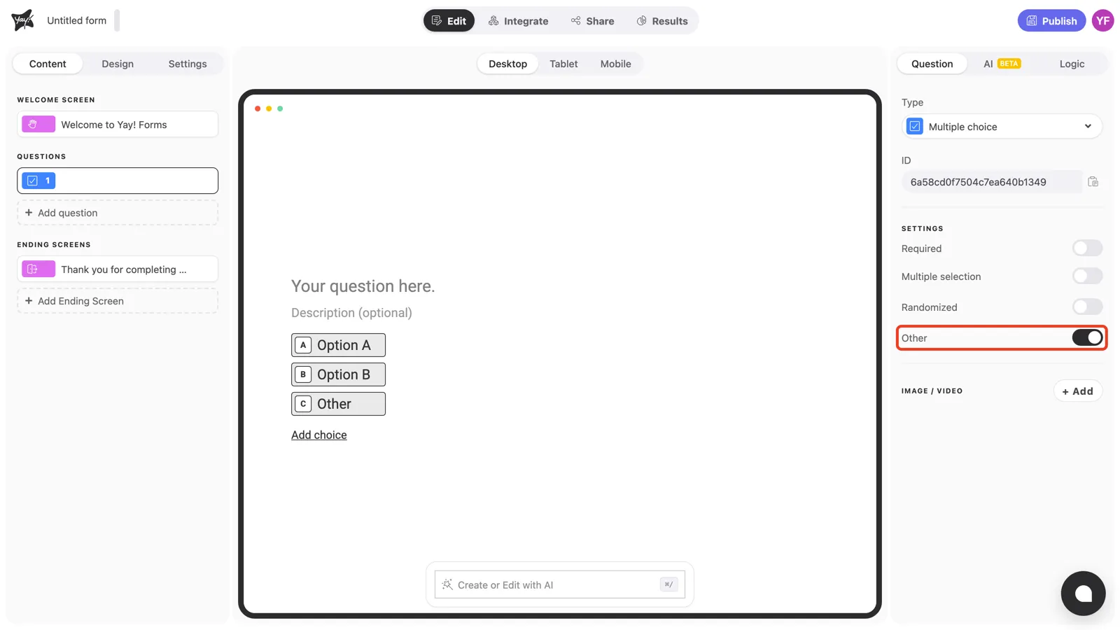 The Other toggle on, with the Other choice visible in the canvas