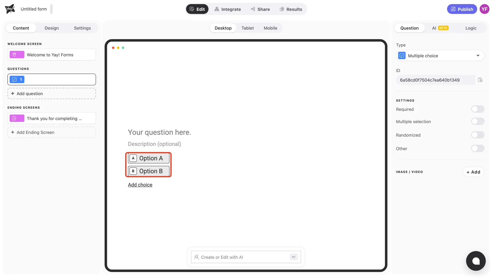 The answer choices highlighted in the canvas