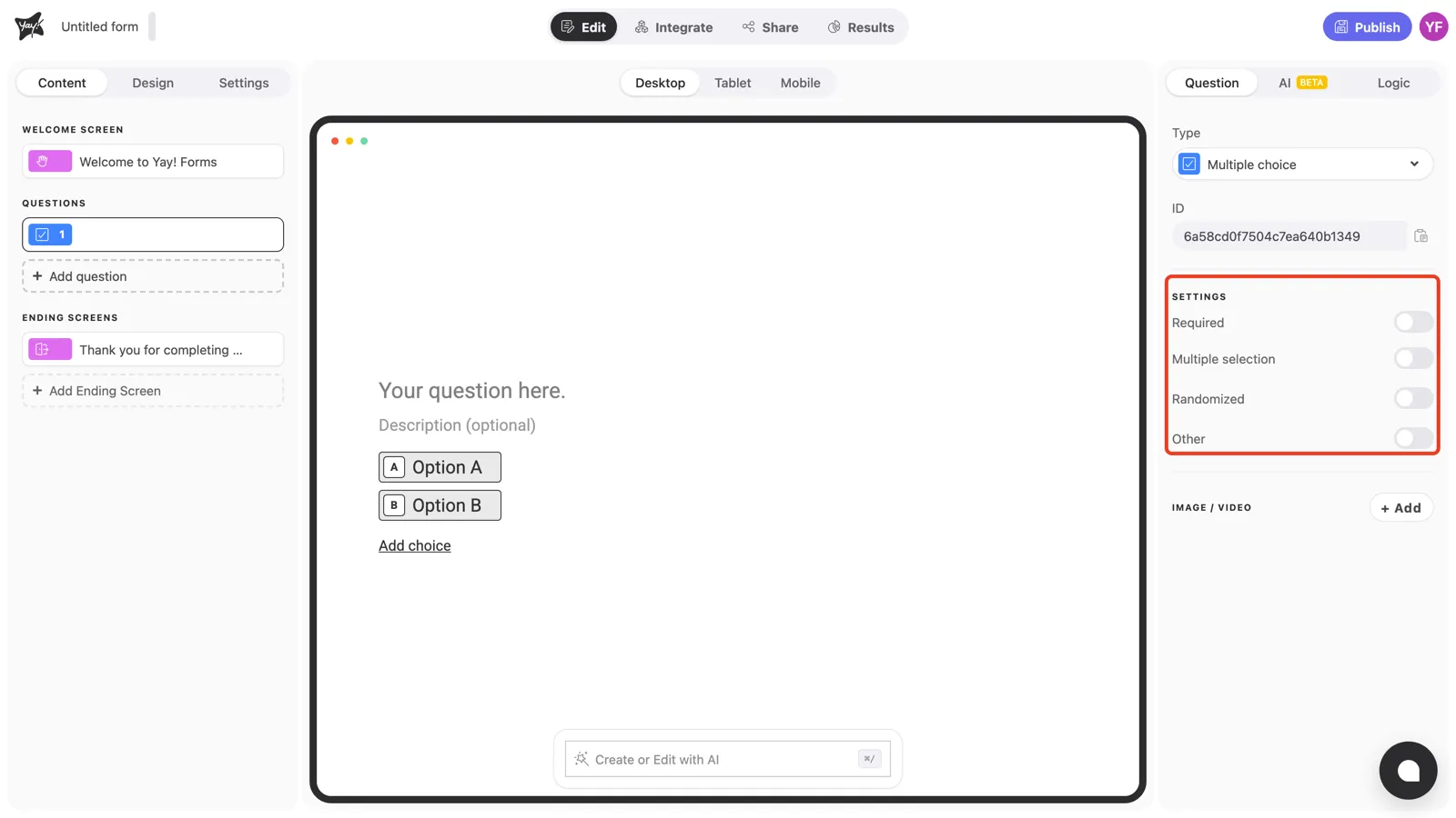 The Settings section of the question panel highlighted