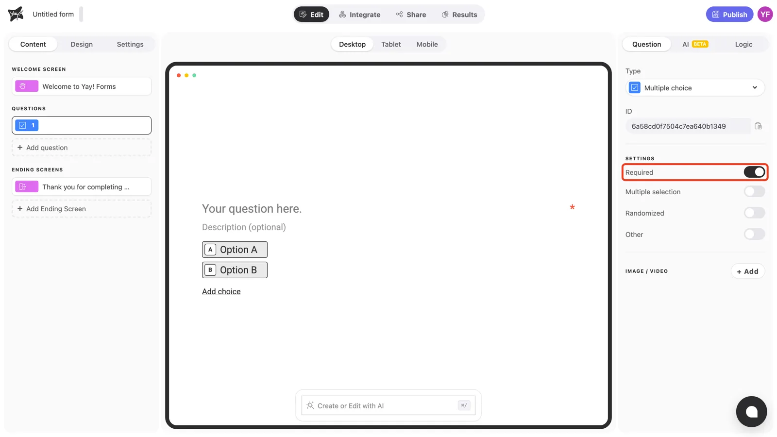 The Required toggle on, with the asterisk visible next to the question