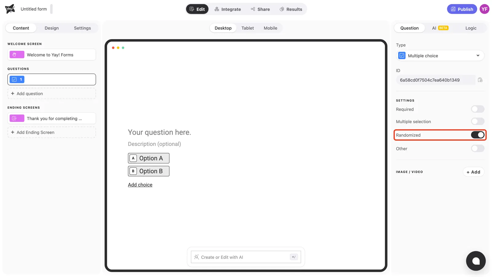 The Randomized toggle highlighted in the question settings