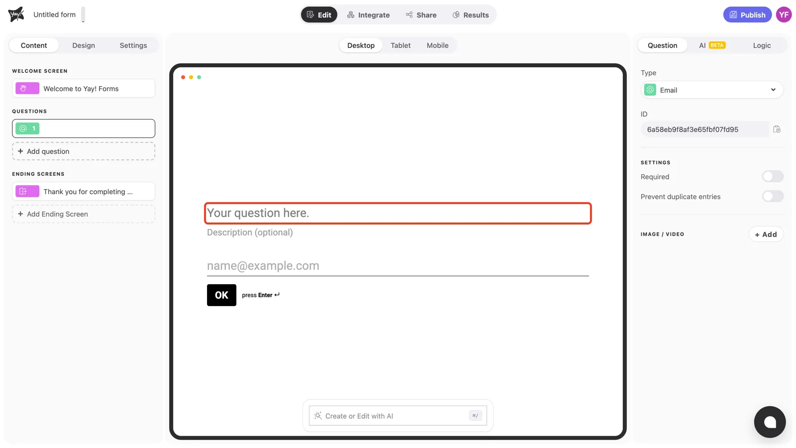 The question text field highlighted in the canvas