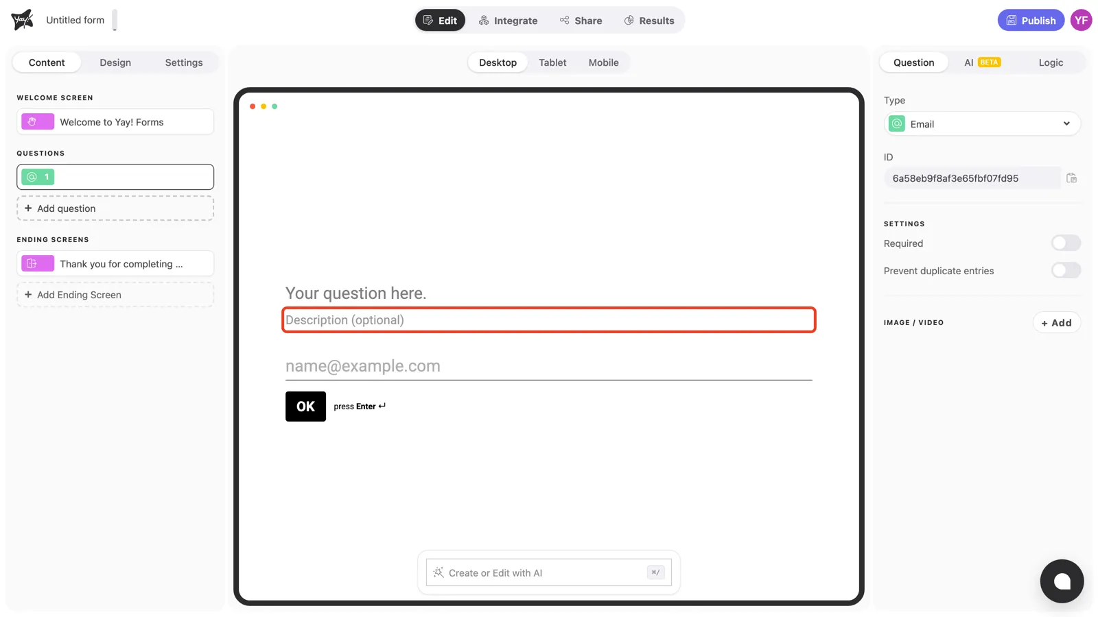 The optional description field highlighted in the canvas