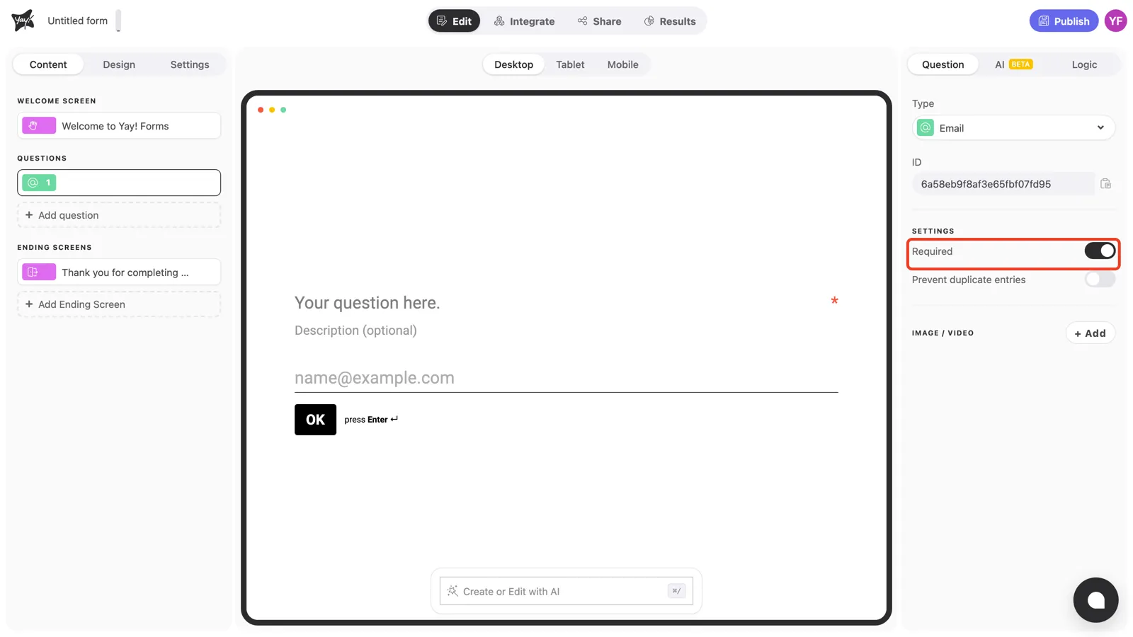 The Required toggle on in the question settings
