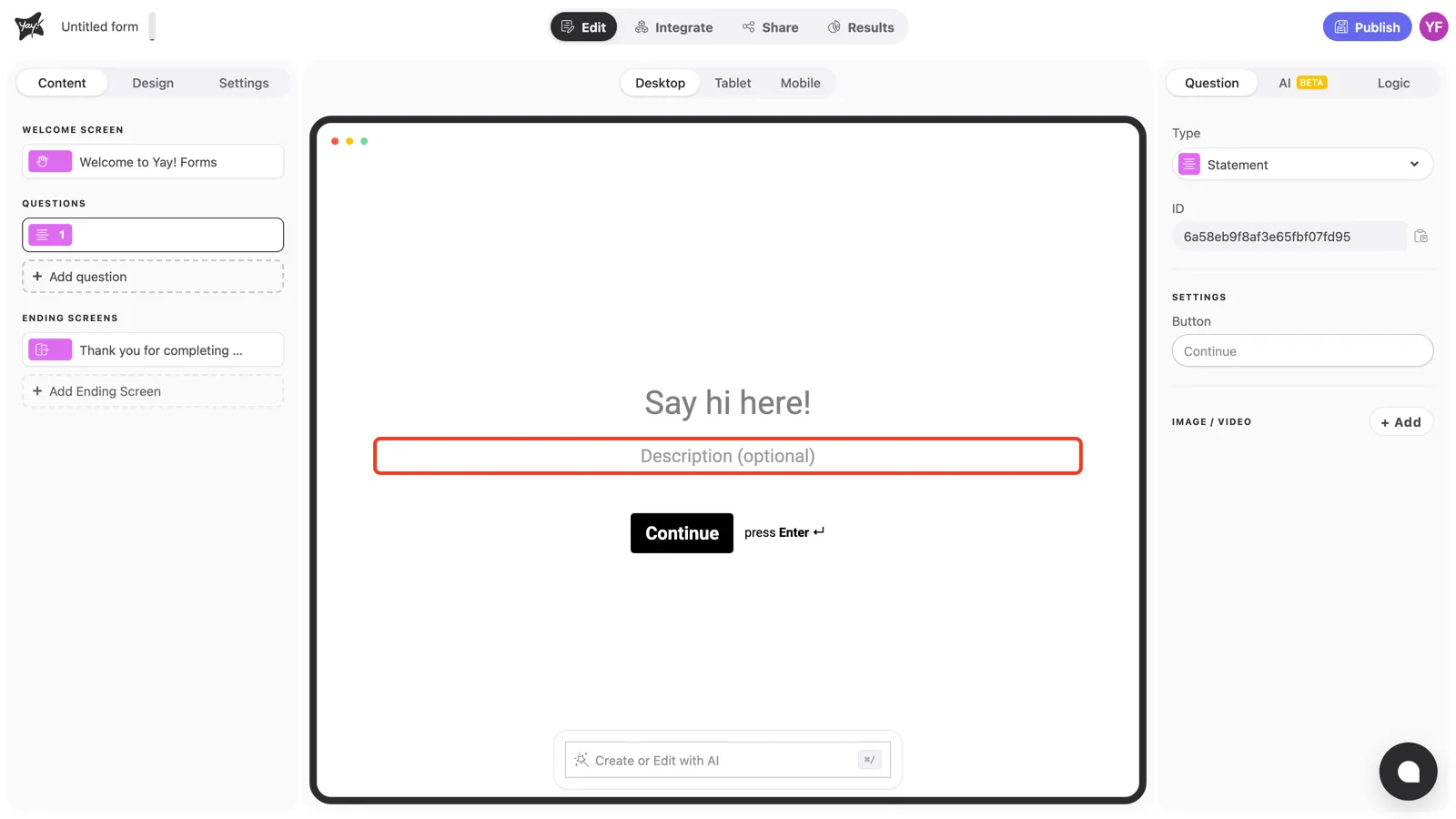 The optional description field highlighted in the canvas