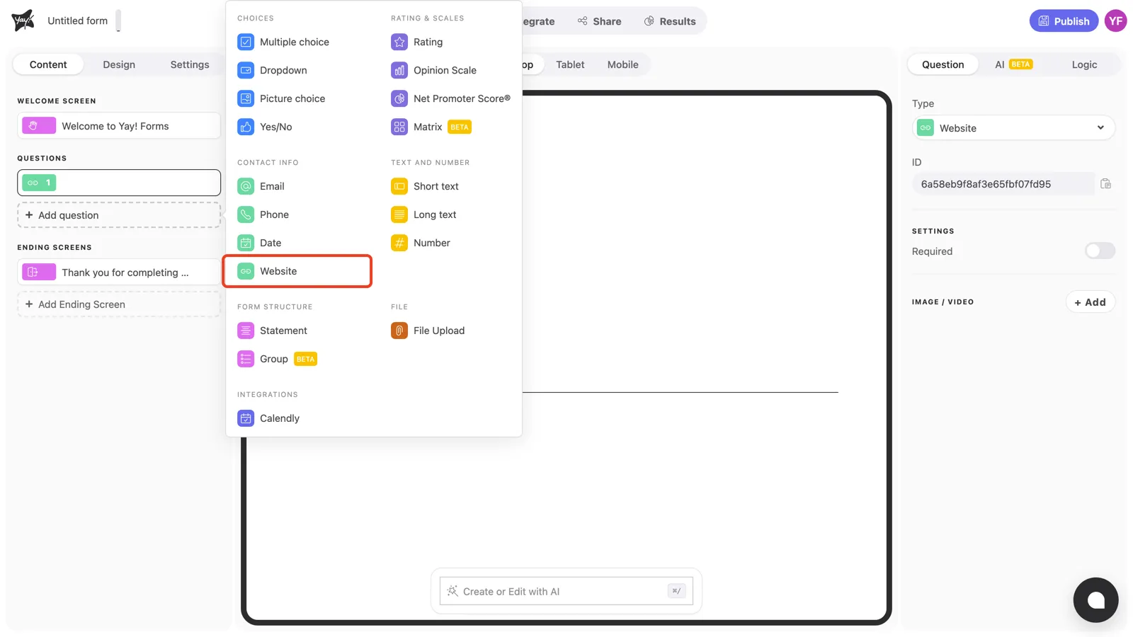 The question type menu with Website highlighted