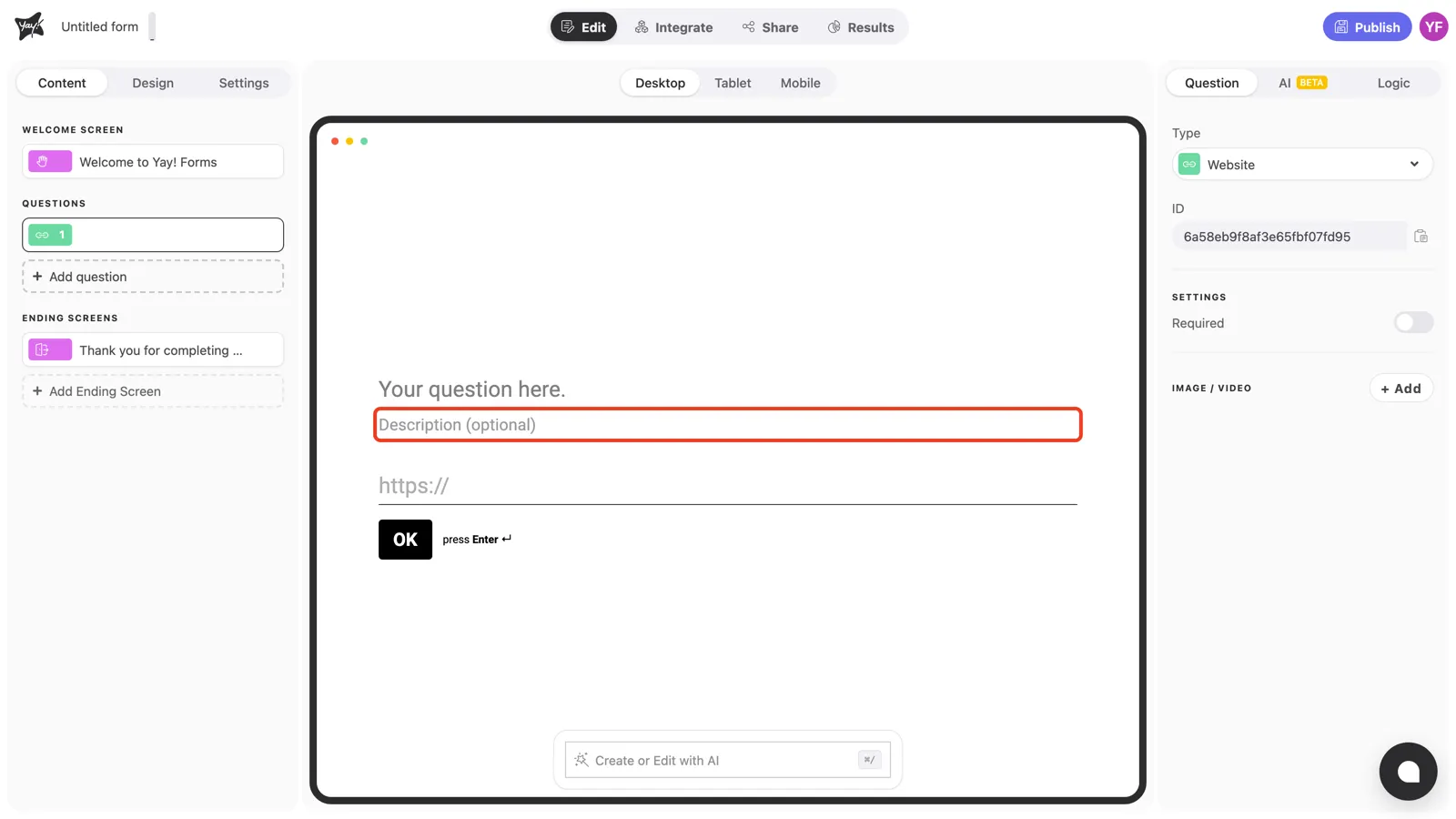The optional description field highlighted in the canvas