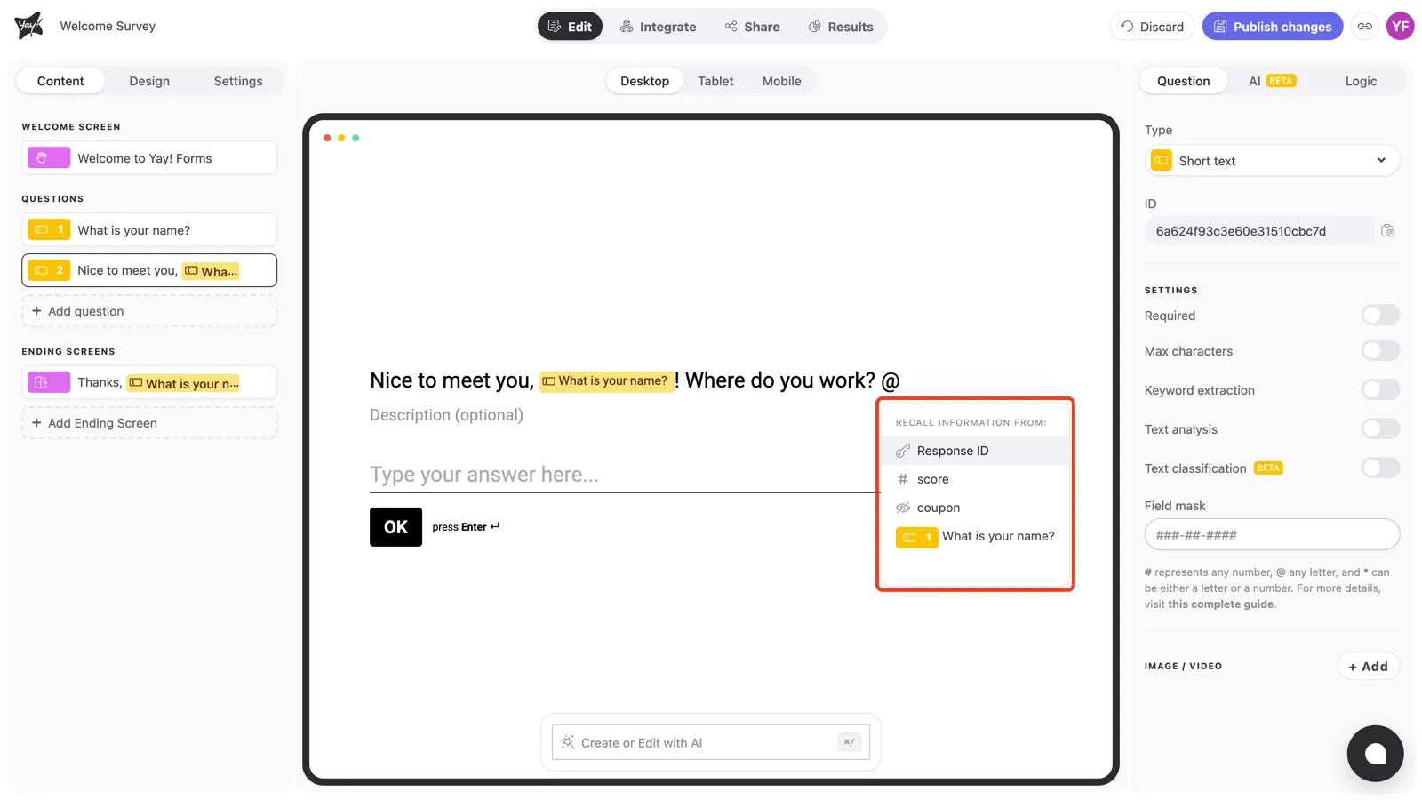 The mention menu open after typing @ in the question title, with the Recall information from: header listing the previous question "What is your name?"