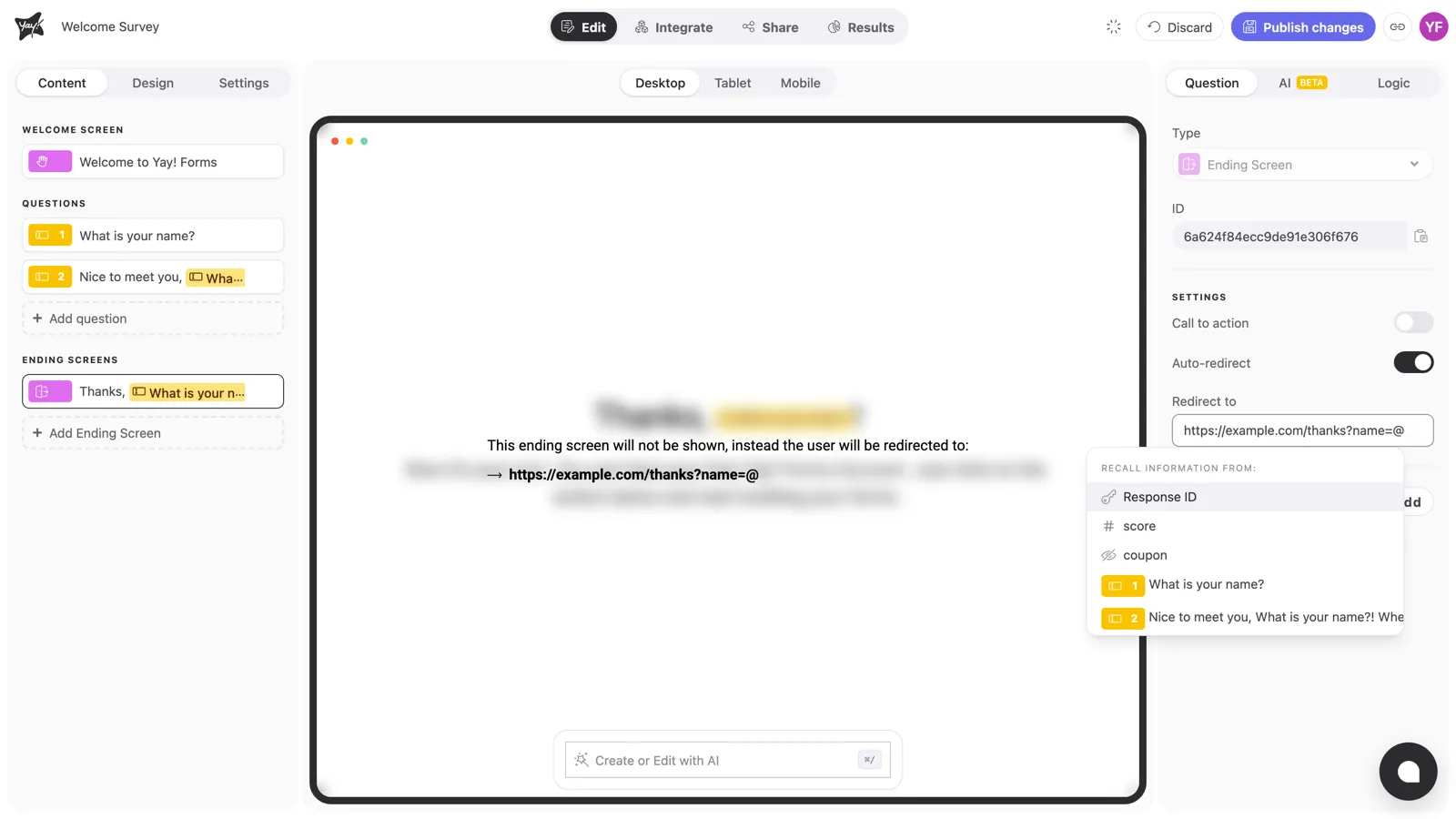 The Redirect to field with Auto-redirect on, the URL https://example.com/thanks?name=@ typed, and the mention menu open