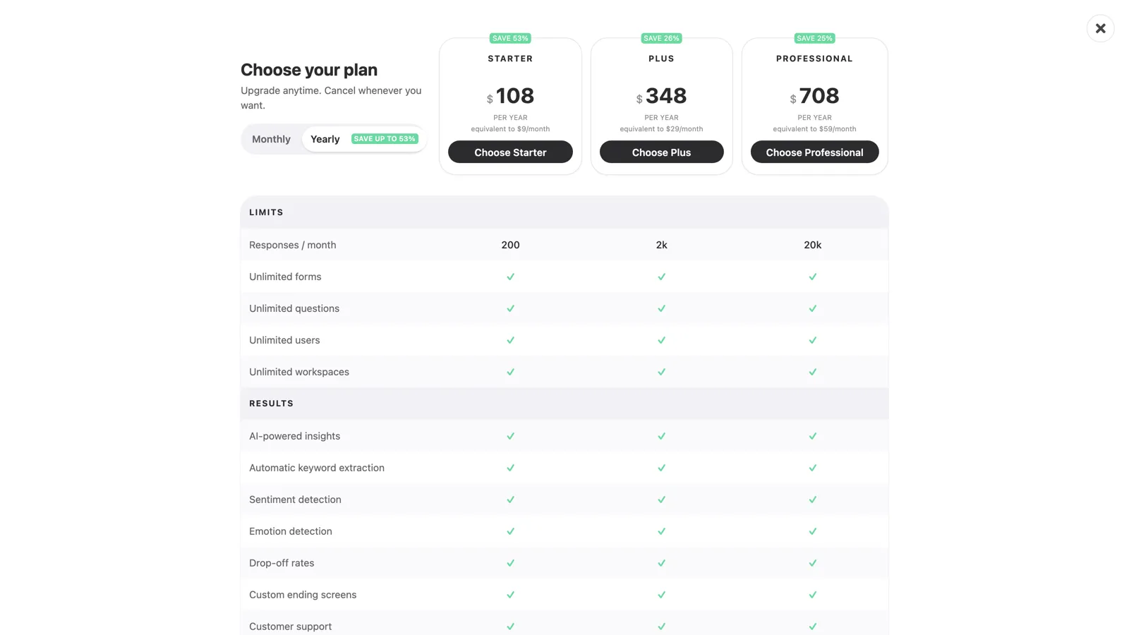 The plan picker with Starter, Plus, and Professional