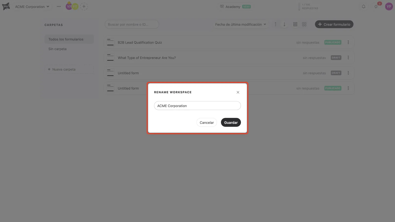 Escribiendo un nuevo nombre de workspace en la ventana para renombrar
