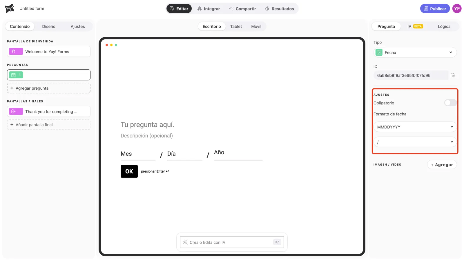 La sección Ajustes del panel de la pregunta resaltada