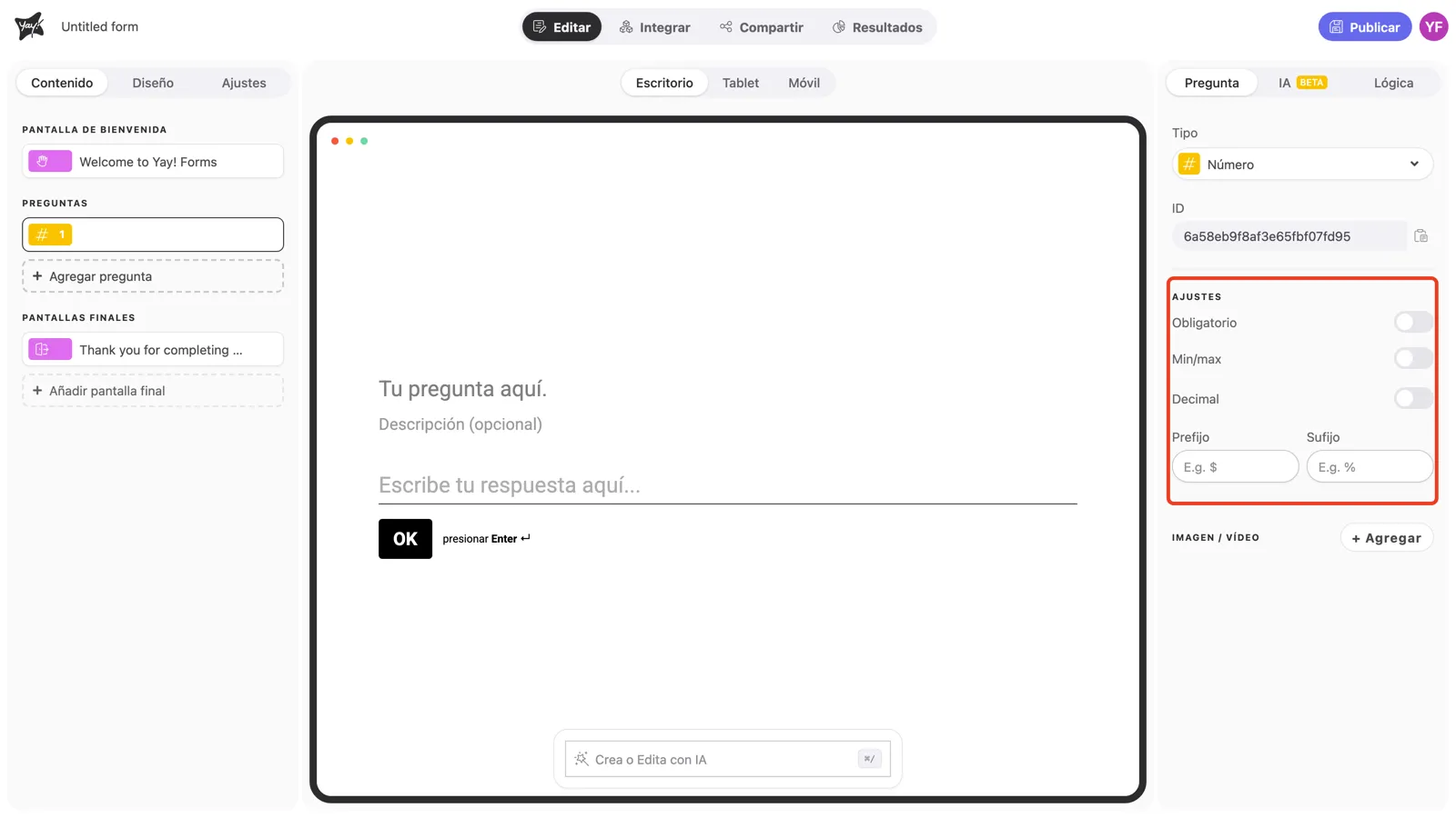 La sección Ajustes del panel de la pregunta resaltada
