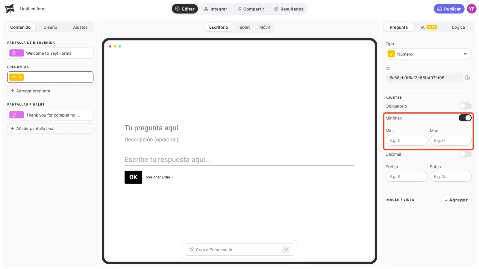 El toggle Min/max activado, con los campos Min y Max debajo