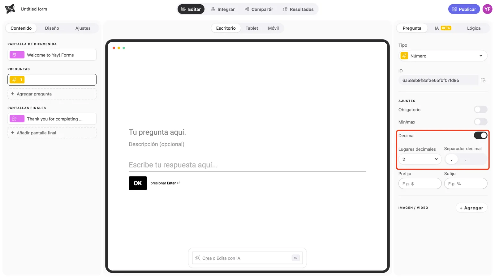 El toggle Decimal activado, con Lugares decimales y Separador decimal debajo