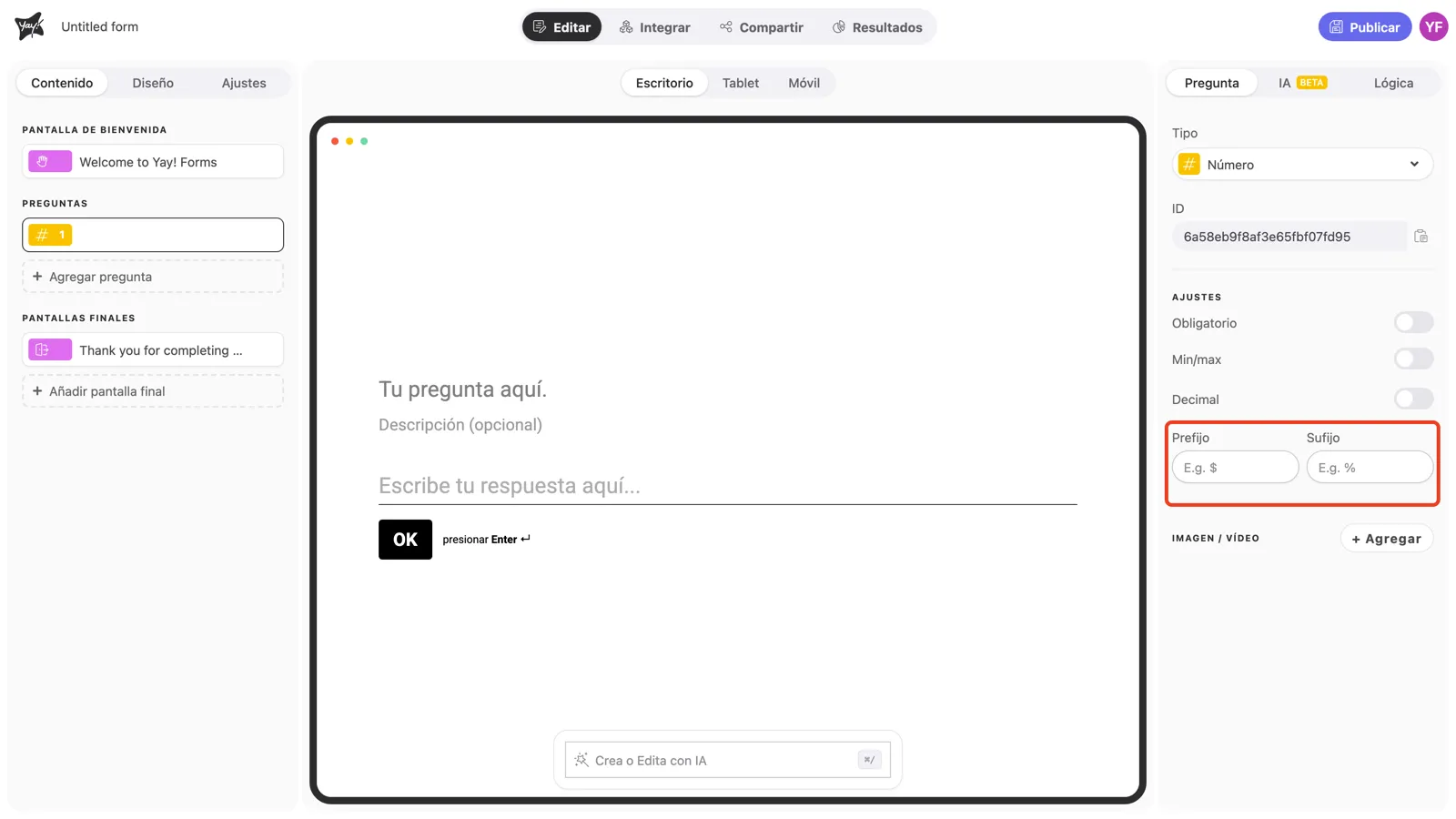 Los campos Prefijo y Sufijo resaltados en la configuración de la pregunta