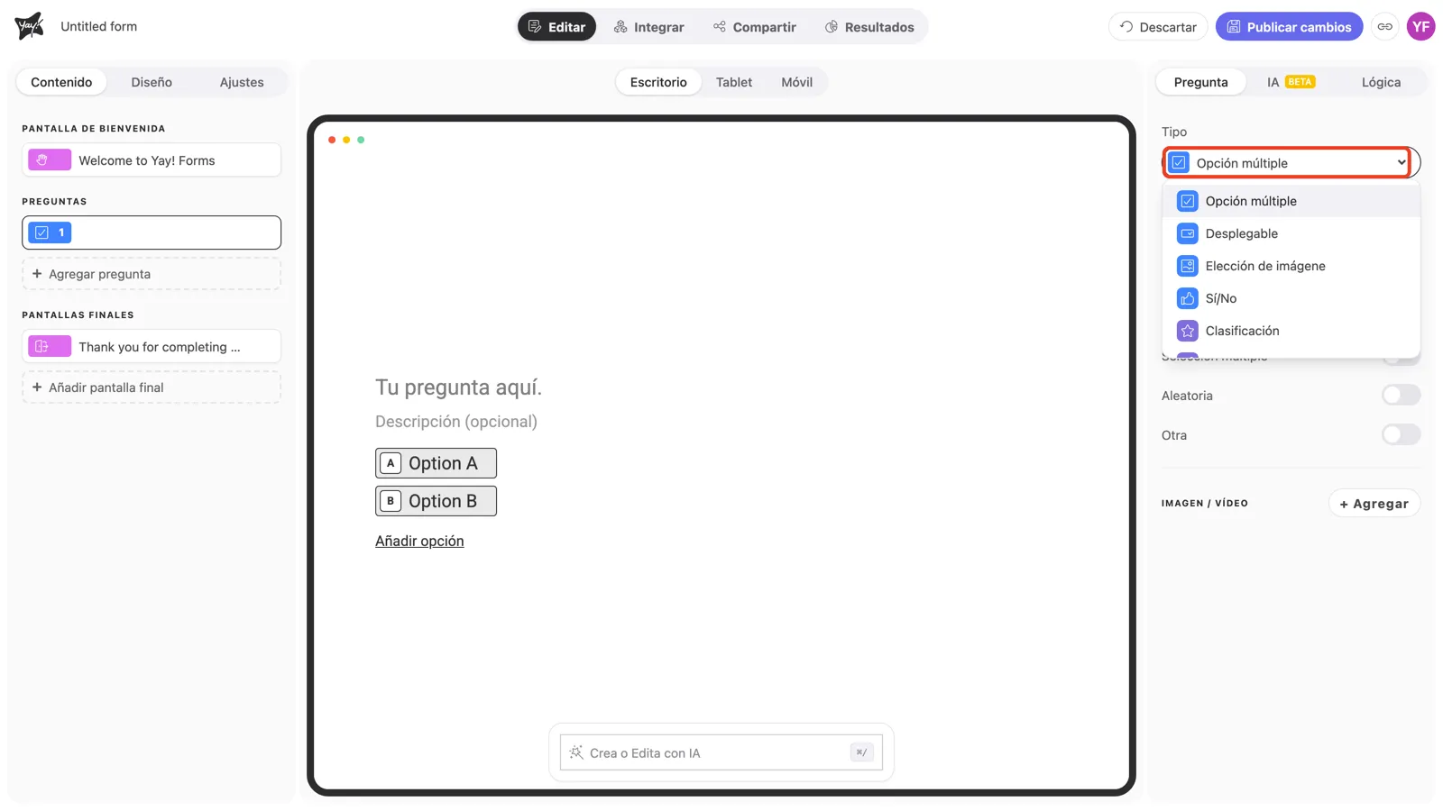 El menú Tipo abierto en el panel de la pregunta