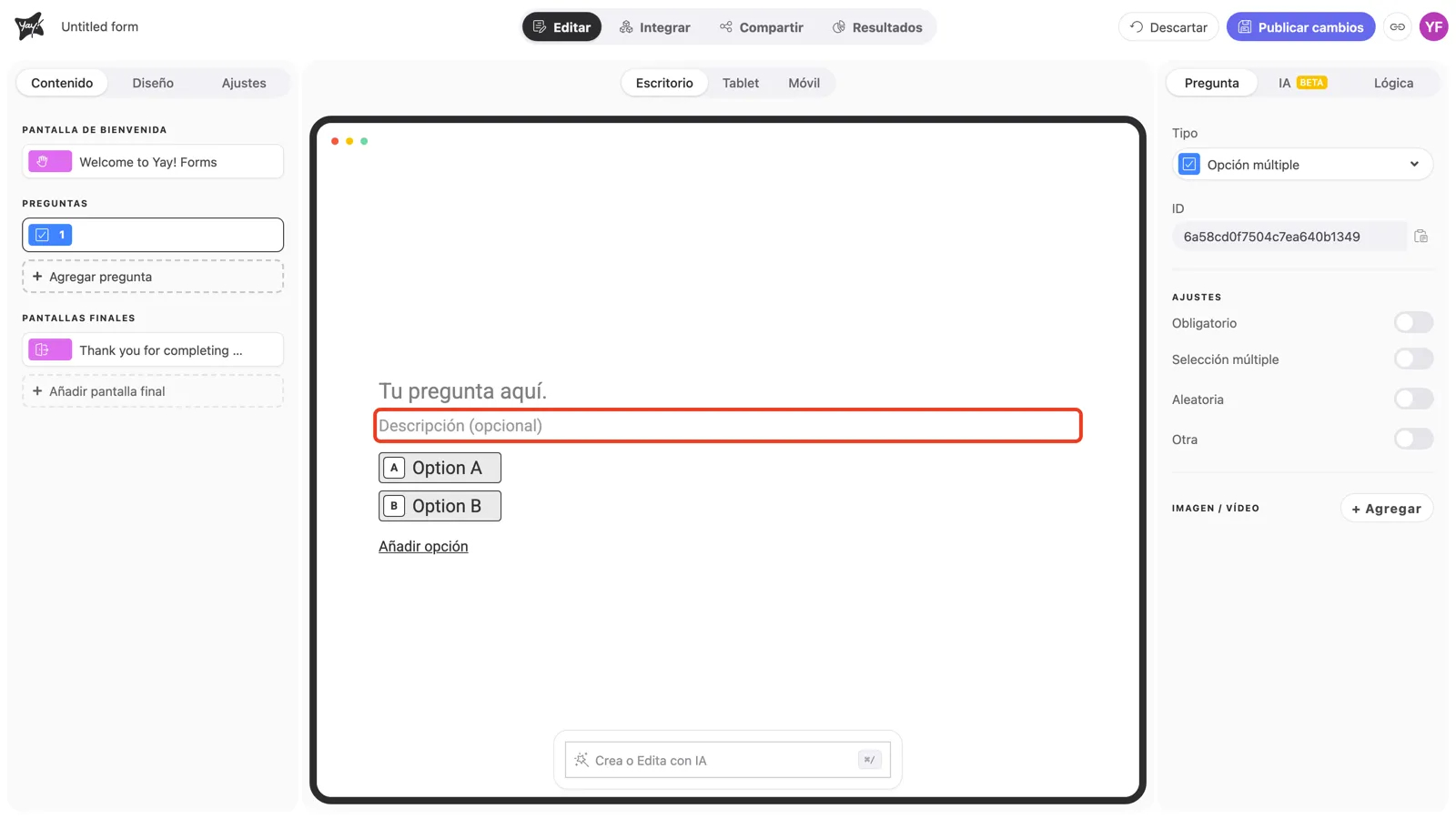El campo opcional de descripción resaltado en el lienzo