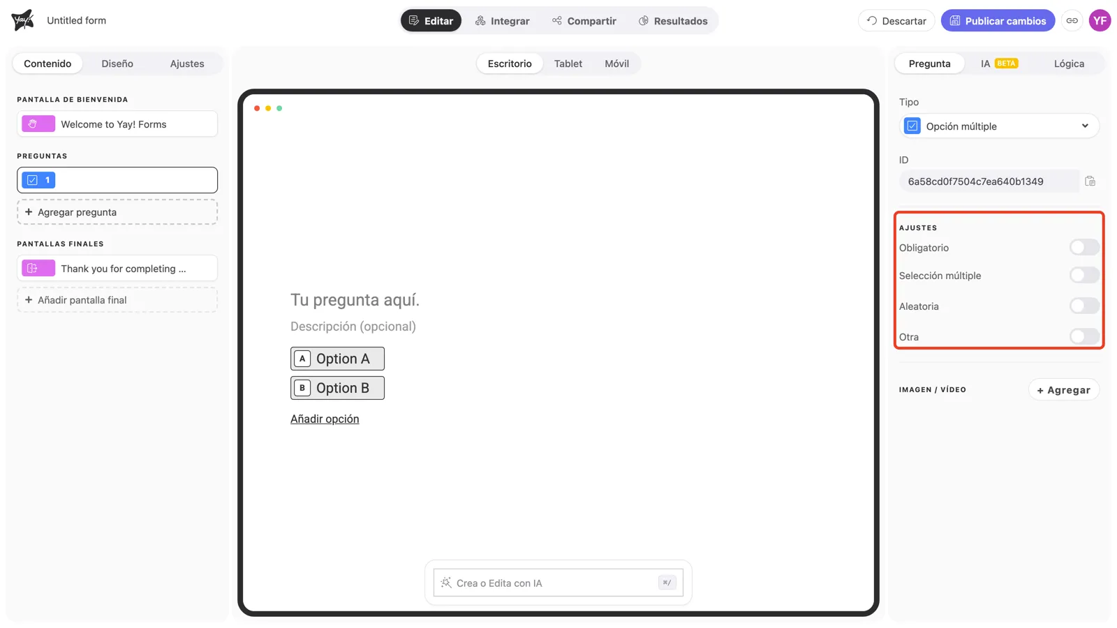 La sección Ajustes del panel de la pregunta resaltada