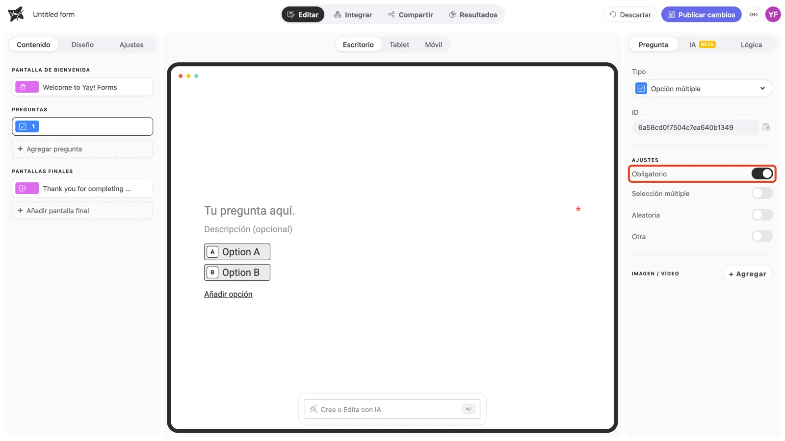 El toggle Obligatorio activado, con el asterisco visible junto a la pregunta